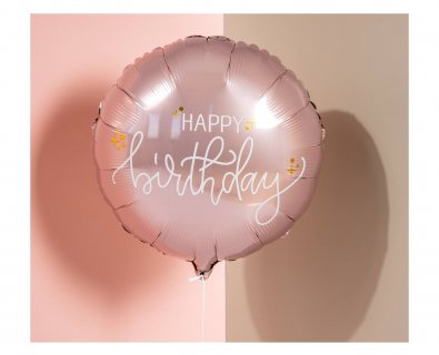 Rose color foil balloon with creme Happy Birthday print