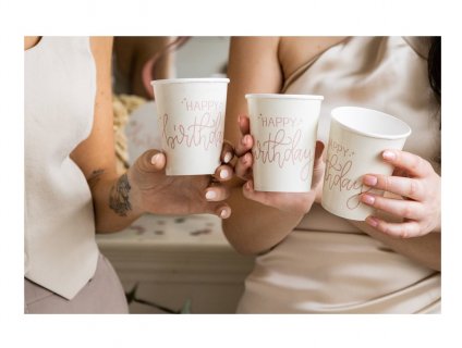 Paper cups in creme color with rose Happy Birthday print