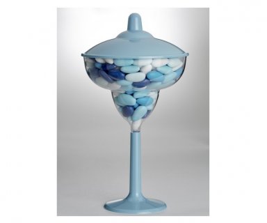 Clear margarita cup with blue high pedestal and blue cover cup for the candy bar