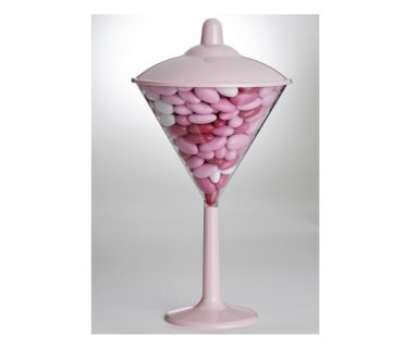 Clear martini cup in pink pedestal and pink cover cup for candy bar