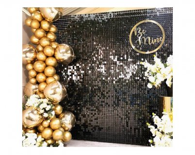 Backdrop decoration with black square shaped sequins panel