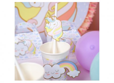 Paper straws with unicorn, falling star and rainbow design