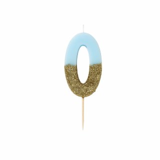 0 Light Blue Cake Candle with Gold Glitter