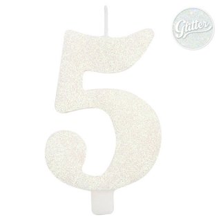 Number 5 birthday cake candle in white glitter color