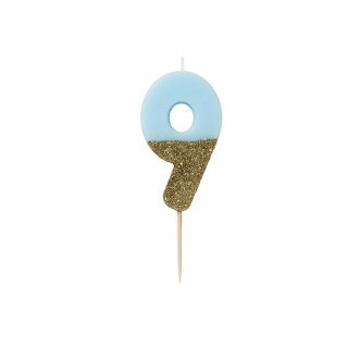 9 Blue Cake Candle with Gold Glitter