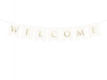 White flag bunting with gold foiled Welcome letters