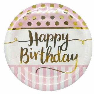 Pink Large Paper Plates with Gold Happy Birthday 8/pcs