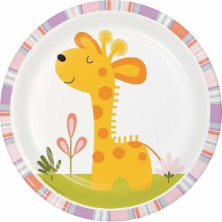 Giraffe design small paper plates from the Happy Jungle Animals party collection.
