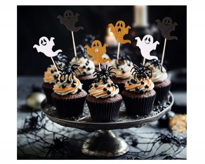Decorative picks with ghosts in white, orange and black for Halloween party