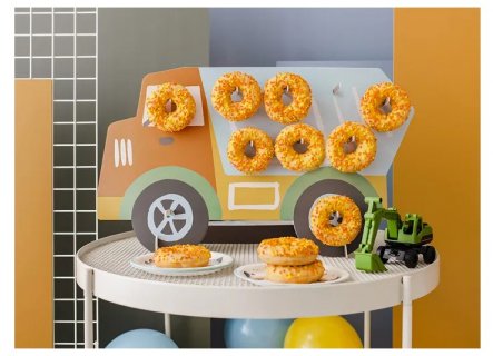 Donut wall in the shape of a truck for a construction theme party