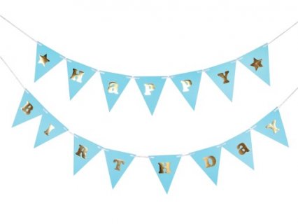 Διακοσμητική γιρλάντα με γαλάζια σημαιάκια και με χρυσό μεταλλικό χρώμα το λεκτικό Happy Birthday και τα αστεράκια.