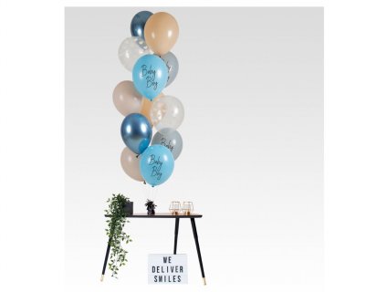 Latex balloons in blue and boho colors for a baby shower theme party