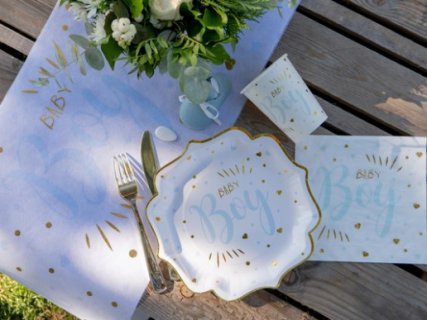 Pale blue and gold baby boy luncheon napkins for baby shower party