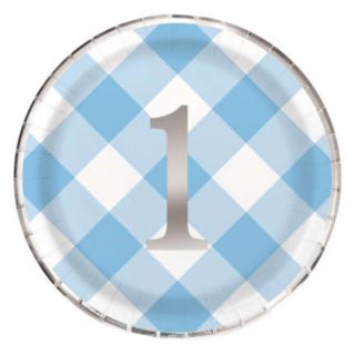 Γαλάζιο Καρό Μεγάλα Χάρτινα Πιάτα για Πρώτα Γενέθλια (8τμχ)