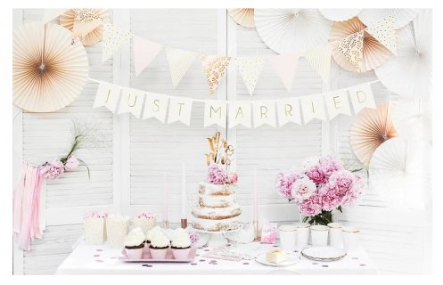 Decorative paper garland for the wedding party in white color with gold Just Married print