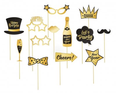 Gold and black photo props for New Years Eve party