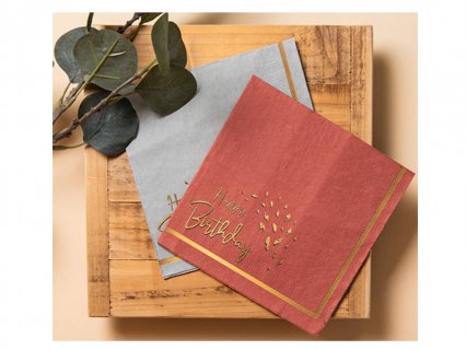 Luncheon napkins in terracotta color with gold Happy Birthday print