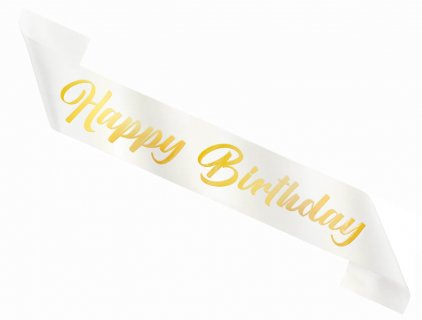 Happy Birthday white sash with gold letters