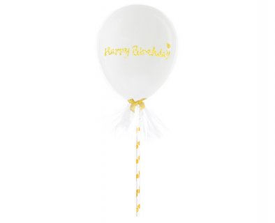 White latex balloon with tulle and gold Happy Birthday letters