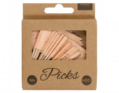 Decorative picks in blush color with rose gold Happy Birthday print