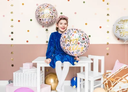 Μπαλόνι foil με floral σχέδιο και τύπωμα τα γράμματα Happy Birthday