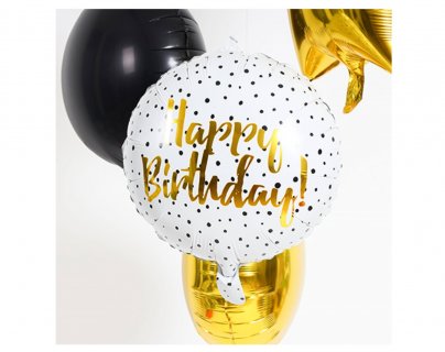 Foil balloon for a birthday party decoration with black dots and gold letters print