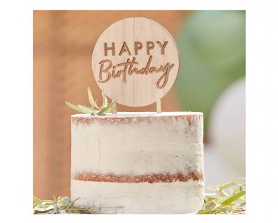 Round shaped wooden cake topper with Happy Birthday letters