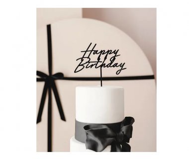 Black acrylic cake topper with Happy Birthday letters