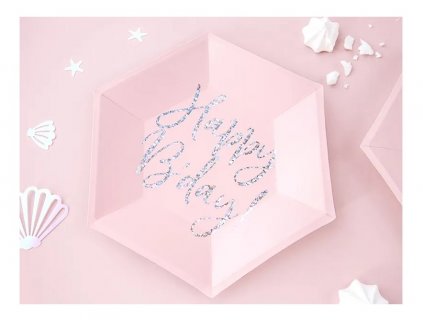 Pink hexagonal paper plates with Happy Birthday holographic print