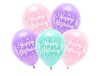 Happy Birthday λάτεξ μπαλόνια σε ροζ, λιλά και μέντα χρώμα 5τμχ