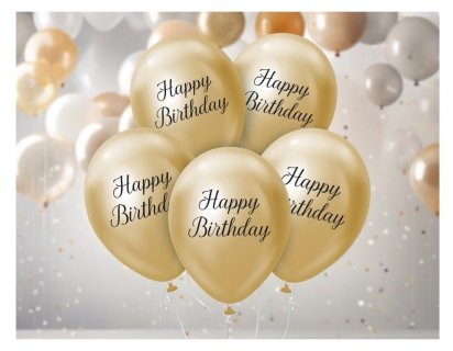 Χρυσά λάτεξ μπαλόνια με μαύρο τύπωμα Happy Birthday για πάρτυ γενεθλίων