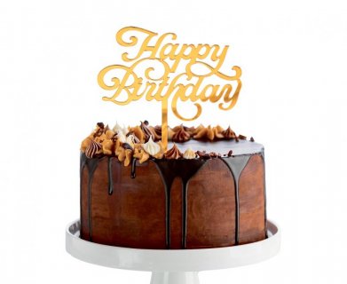 Cake topper for the birthday cake decoration in gold color with Happy Birthday letters
