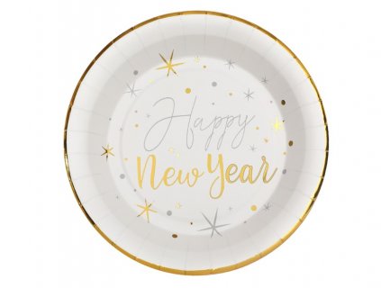 Happy New Year white paper plates with gold metallic bordure 10pcs