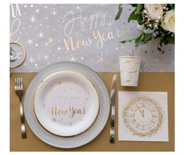 Happy New Year άσπρα χάρτινα πιάτα με περίγραμμα χρυσοτυπίας για την Πρωτοχρονιά