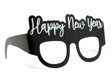 Happy New Year black paper glasses with silver foiled print 6pcs