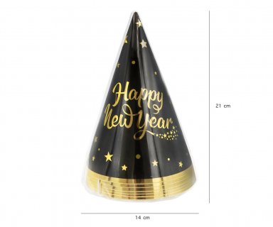 Black paper party hats with gold metallic Happy New Year and stars print