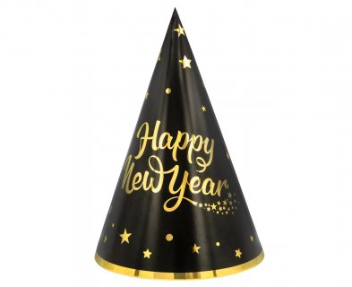 Happy New Year black party hats with gold print 6pcs