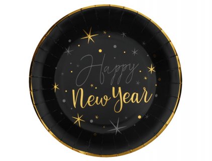 Happy New Year μαύρα μεγάλα χάρτινα πιάτα με χρυσή μπορντούρα 10τμχ