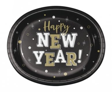 Happy New Year μαύρα μεγάλα χάρτινα πιάτα σε οβάλ σχήμα 8τμχ