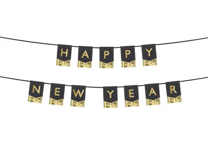 Happy New Year black flag bunting with gold tassels