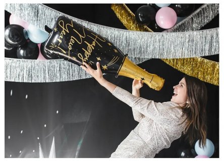 Foil balloon in the shape of a bottle with gold Happy New Year print