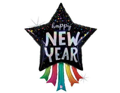 Happy New Year super shape star balloon with colorful tails 91cm