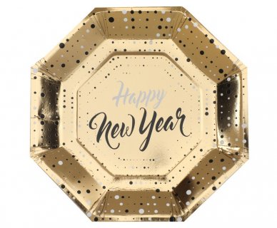 Happy New Year χρυσά εξάγωνα μεγάλα χάρτινα πίατα 10τμχ