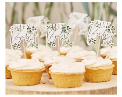 Decorative picks for a baby shower theme party with Hey Baby and green leaves design