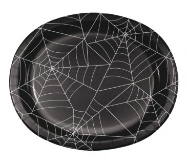 Oval shaped large black large paper plates with spider webs design 8pcs