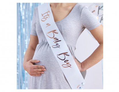 Blue sash for a baby shower party theme with It's a Boy print