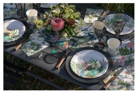 Large paper plates with the tropical jungle and parrots design