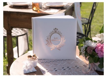 Guest book with metallic Just Married print for the wedding day