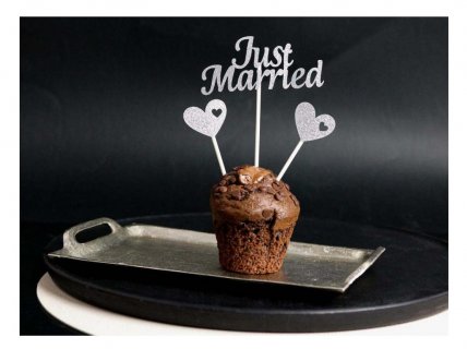 Silver decorative picks with hearts and Just Married letters for the wedding party