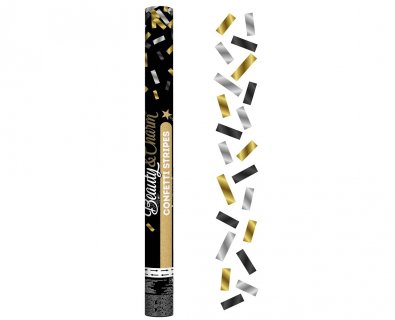 Party cannon with gold, black and silver confetti